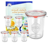 6er Set Original WECK 3/4-Liter Sturzglas, 850 ml, Rundrandglas RR100 + Glasdeckel + Dichtring + Weck-Klammern + GRATIS Rezeptheft, Einmachglas, Einkoch-Set, Einlegen, Einwecken + Konservieren, Glas - 1