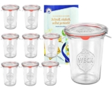 9er Set Original WECK 3/4-Liter Sturzglas, 850 ml, Rundrandglas RR100 + Glasdeckel + Dichtring + Weck-Klammern + GRATIS Rezeptheft, Einmachglas, Einkoch-Set, Einlegen, Einwecken + Konservieren, Glas - 1