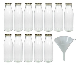 Viva Haushaltswaren - 12 x Weithals-Glasflasche 500 ml mit goldfarbenem Schraubverschluss, als Milchflasche, Saftflasche & Smoothieflasche verwendbar (inkl. Trichter Ø 12 cm) - 1