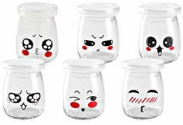 Kitchen-dream Joghurtgläser 6 Stück 200ml Gläser mit Deckel Einmachglas für Pudding Milch Joghurt Machen Mini Dessert Cup mit Kunststoffdeckel Pudding Glasflasche mit niedlichen Emoji Design - 1