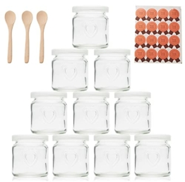Supremery Joghurtgläser mit Herzgravur 10x Gläser mit Deckel, Gläser für Vorspeisen und Desserts, ideal zum Anrichten und Präsentieren von Speisen, Thermomix TM6 TM5 Joghurtgläser, 100ml mit 3 Löffeln - 1