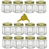 Viva Haushaltswaren - 12 x Mini Einmachglas 47 ml mit goldfarbenem Deckel, sechseckige Glasdosen als Marmeladengläser, Gewürzdosen, Gastgeschenk etc. verwendbar (inkl. Trichter Ø 12,3 cm) - 1