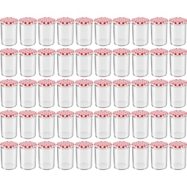 WELLGRO® Einmachgläser mit Schraubdeckel - 435 ml, 8,5 x 12 cm (ØxH), Glas/Metall, rot karierte Deckel To 82, Gläser Made in Germany, verschiedene Mengen wählbar, Stückzahl:50 Stück - 1