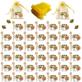 Hapneyea 40 Pack 1,5 oz Hexagon Mini Glas Honig Gläser mit hölzernen Dippers, Bienen Anhänger, goldene Geschenktüten, Dankeskarten, Jutes perfekt für Baby Dusche, Hochzeit und Party - 1