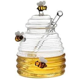 LINGJIONG Glas Honigtopf Mit Honigbehälter Honig Löffel Transparenter Glas Honigtöpfe Marmeladendose Vorratsdose Für Küche Zu Hause, Zum Servieren Von Honig Und Sirup - 1
