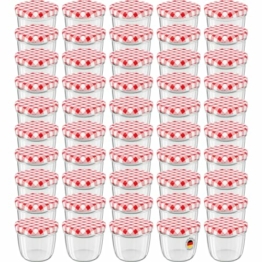 WELLGRO Einmachgläser mit Schraubdeckel - 230 ml, 8,5 x 6,5 cm (ØxH), Glas/Metall, rot karierte Deckel To 82, Gläser Made in Germany, verschiedene Mengen wählbar, Stückzahl:50 Stück - 1